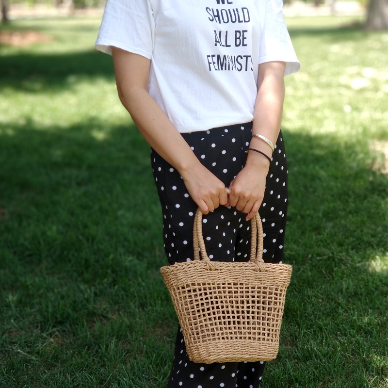 日韩ins超火手提新款镂空编织包度假出游菜篮子潮个性草编包|ru