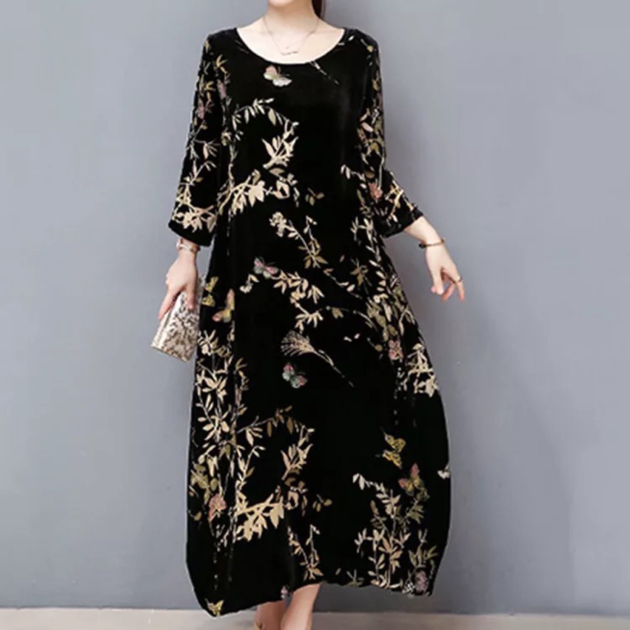 波西米亚连衣裙女2020新款春季金丝绒藏肉大码宽松中年桑蚕丝长裙