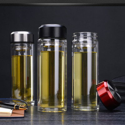 双层高硼硅玻璃杯日用百货广告礼品水杯带茶隔厚底玻璃杯子定制|ms