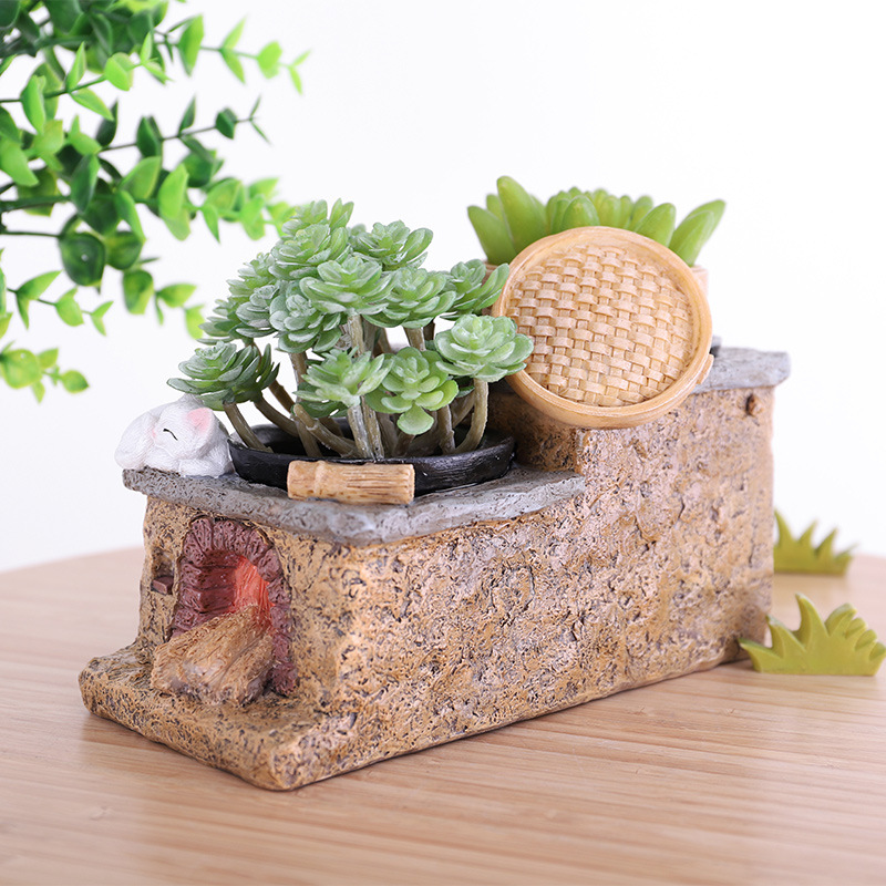 Chậu Cây Resin Chậu cây resin hình bếp nông trại vintage, chậu mọng nước mini DIY, trang trí nhà và sân vườn (RG-269)