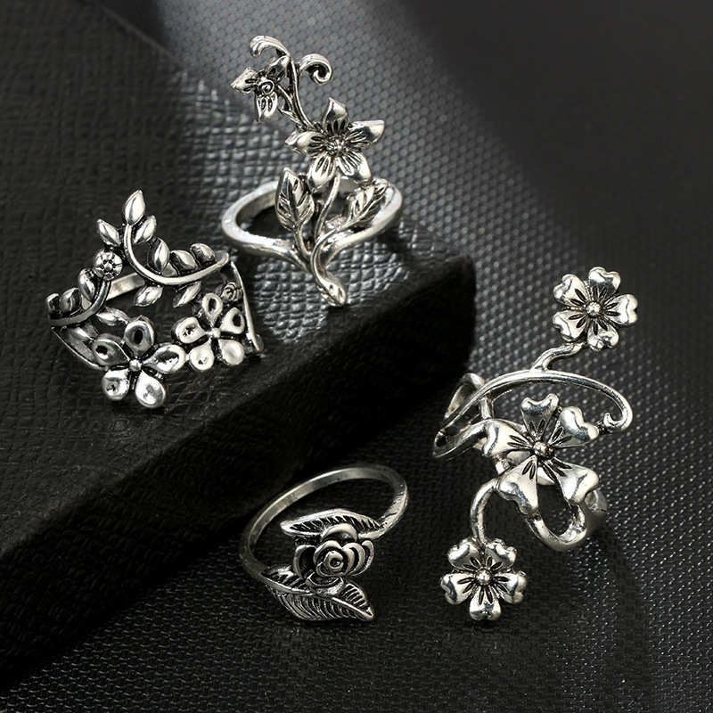 The Flower Goddess Ring Set, Plating Silver Comfort Fit VSCO Wave Joint Midi Finger Bohemian, Retro, Vintage Jewelry