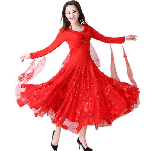 Women Girls red flowy Ballroom Waltz Dancing Dresses Tango Foxtrot Smooth Rhythm dance long Dance Skirts full-skirted dress waltz dance long-sleeved dress