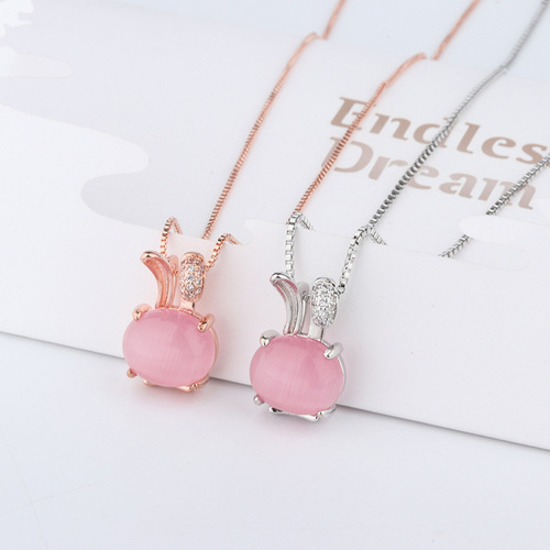 Silver-plated Crystal Rabbit Pendant with Hibiscus Stone, Rose Gold Lockchain, Simple Crystal Student Jewelry