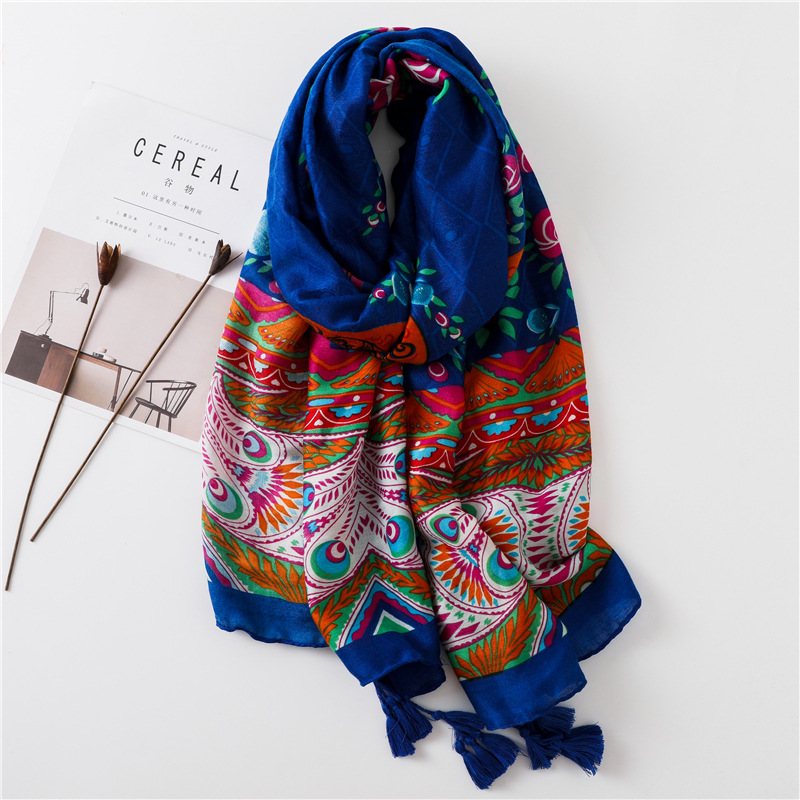 Sun Shawl Women Summer National Style Cotton And Linen Silk Scarf Printing Tassel Tulle Travel Beach Towel Sunshade Scarf display picture 15