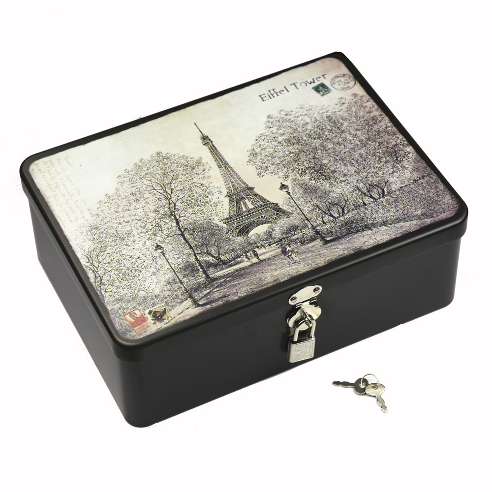 Caja metálica rectangular de tamaño mediano con cerradura, caja de hierro creativa para empaque de regalos, caja de regalo sellada de hojalata.
