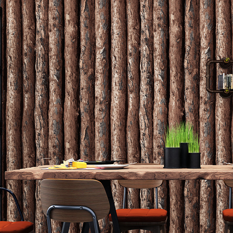 3D retro imitation tree bark wood grain wallpaper, internet cafes, billiard rooms, bars PVC wood background wallpaper