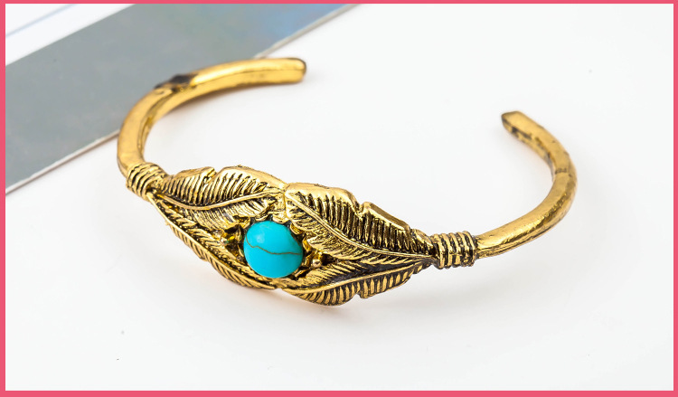 Bracelet Vintage Feather Tree Leaf Bangle Bracelet Inlaid Turquoise Bracelet Wholesale display picture 2