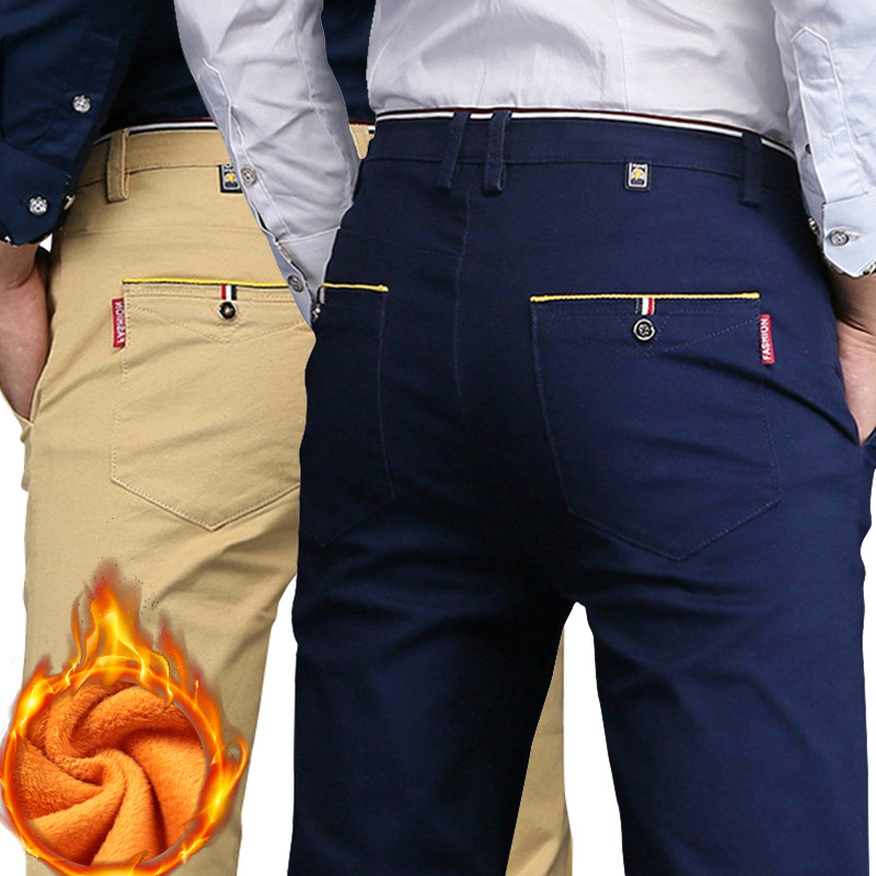 2018冬季加绒加厚男士弹力直筒修身商务休闲宽松纯棉裤子男