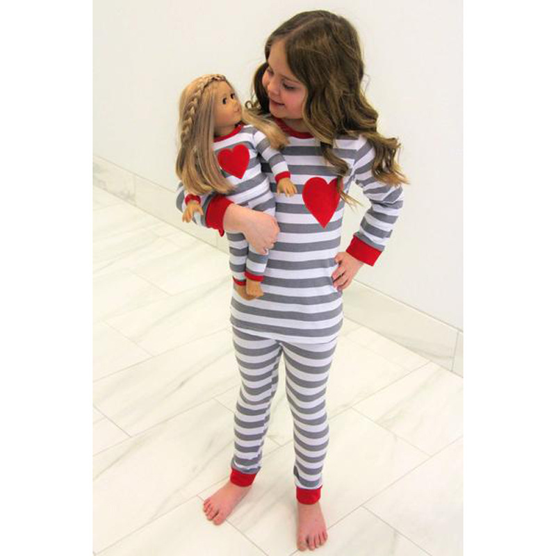 Girls' European and American Spring and Autumn Valentine's Day Long Sleeve Striped Heart Top + Trousers Two-Piece Home Clothes Children's Wear