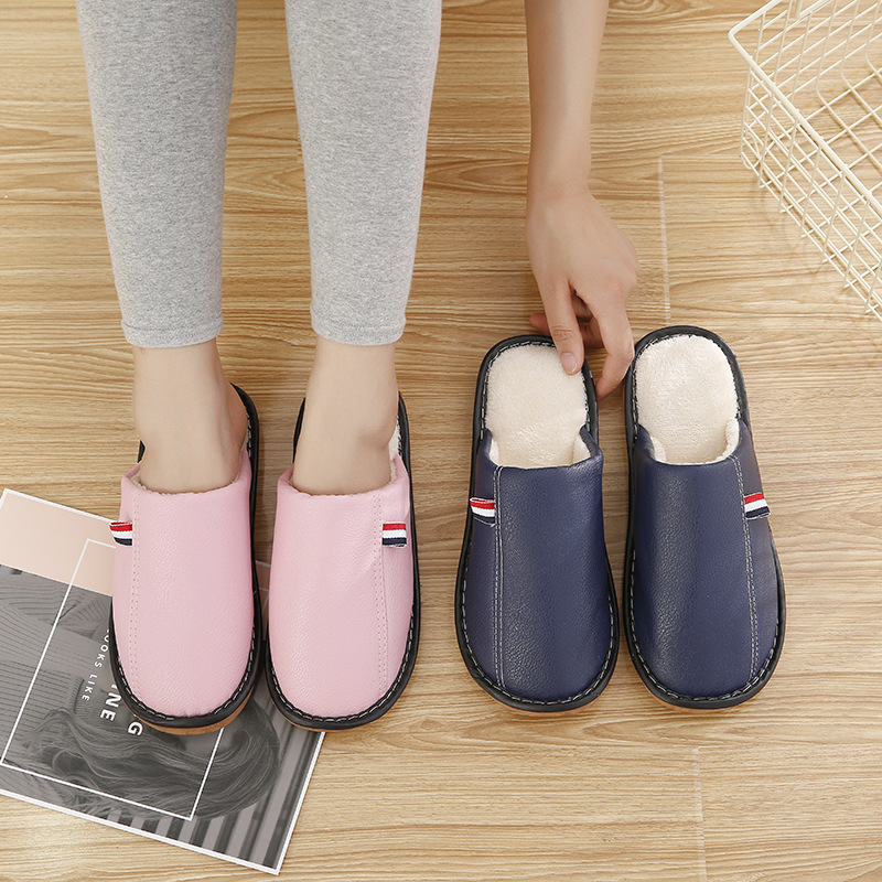 棉拖鞋女秋冬季PU皮质居家居室内防水情侣保暖月子毛毛绒拖鞋男|ms