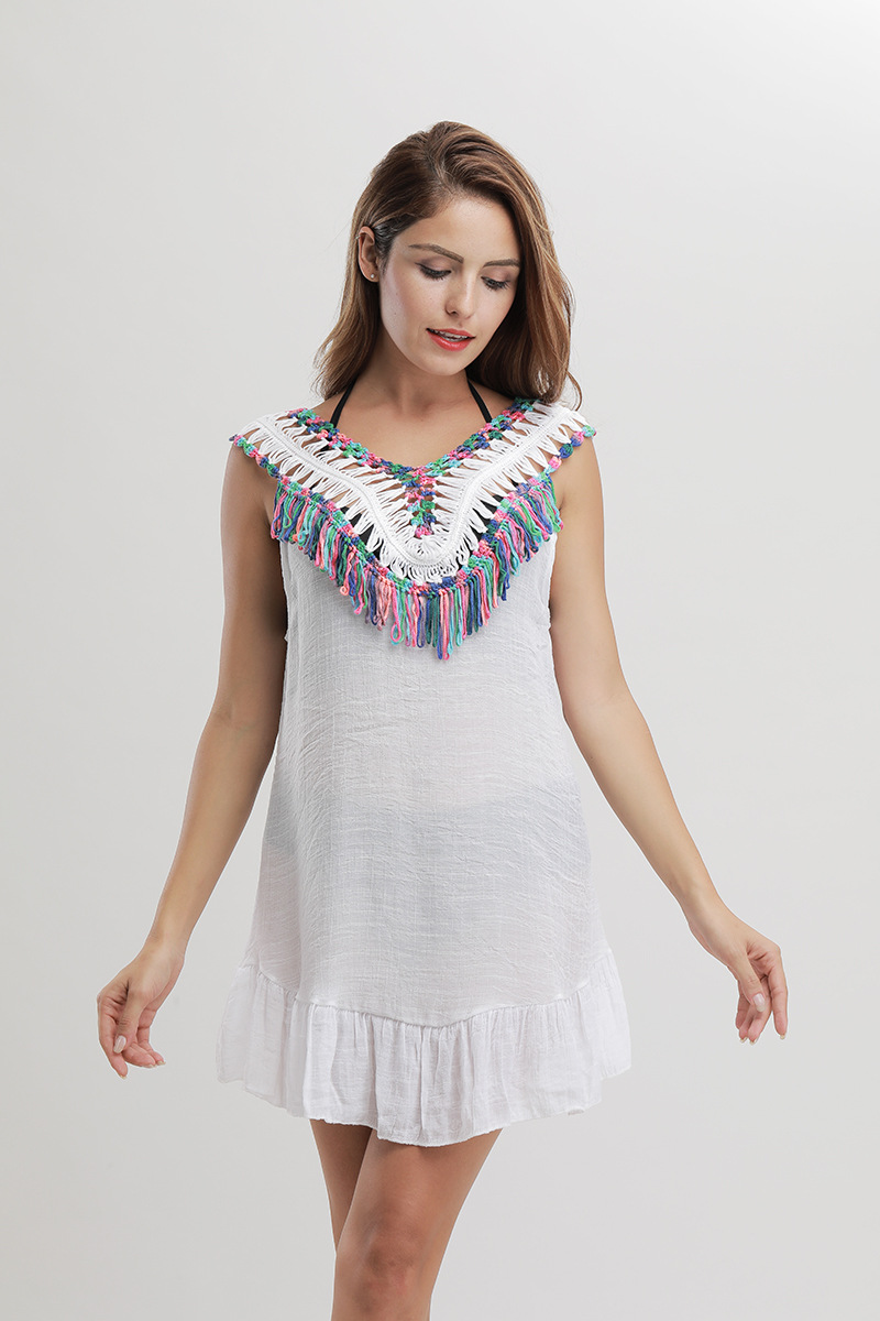 Sexy Hollow Out U Back Knit Top with Tie Detail Colorful Pom Fringe Casual Wear Wholesale Available