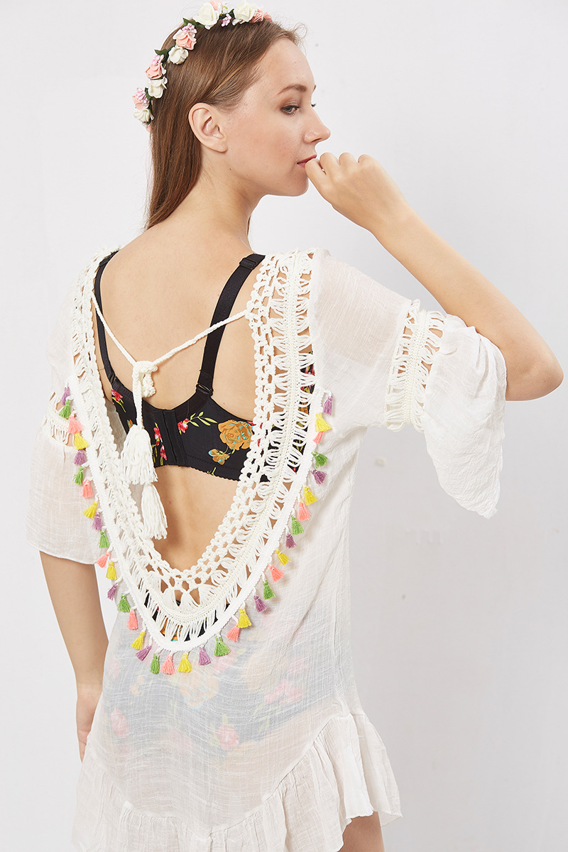 Sexy Bikini Cover Up Colorful Lantern Tassels Hollow Design U Back Tie Closure Beachwear for Summer Wholesale