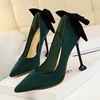 Korean sexy thin high heeled shoes women’s shoes thin heeled high heeled suede shallow mouth pointed bow single shoes