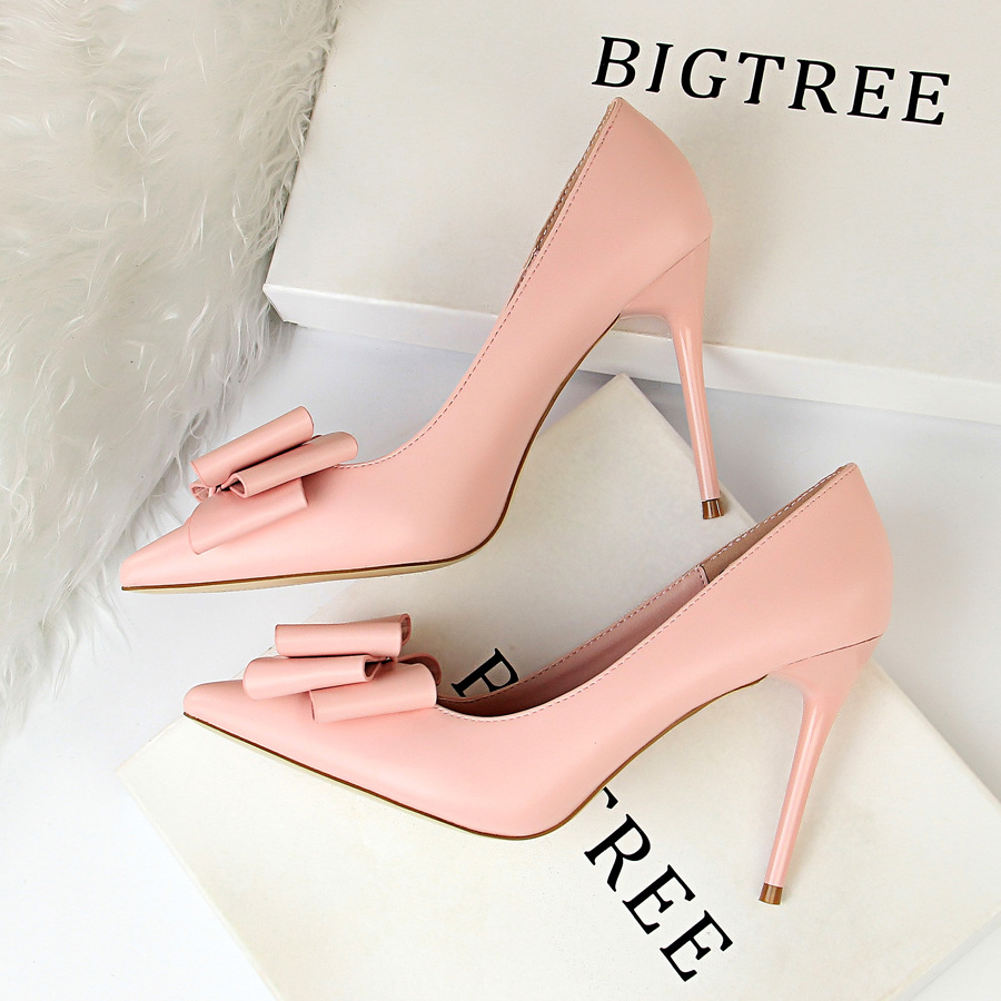 Big Tree Korean Version Sweet High Heels, Thin Heels, Thin Heels, Shallow Mouth, Pointed Candy Color Bow Women's Single Shoes