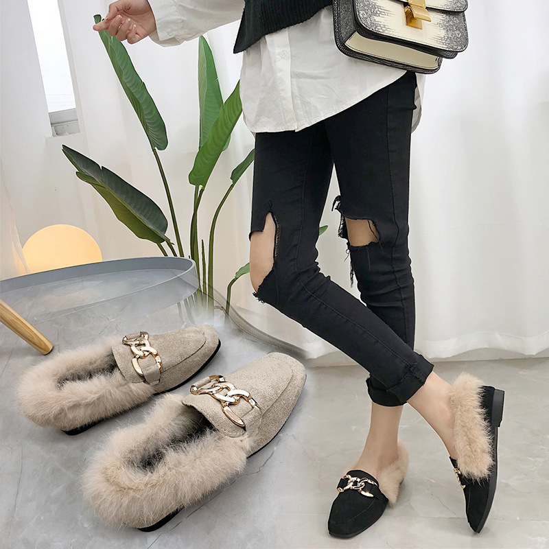 棉鞋女冬季保暖加绒韩版百搭一脚蹬懒人毛毛鞋女外穿豆豆鞋穆勒鞋|ru