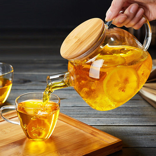 High temperature resistant thickened cold kettle glass tea set floral teapot Heat resistant large capacity transparent short mouth cold kettle with bamboo lid