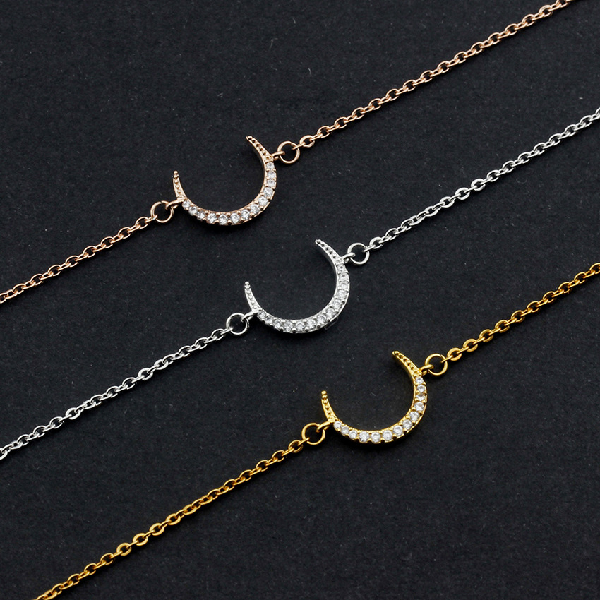 Retro Crescent Shaped Moon Crystal Pendant Stainless Steel Bracelet