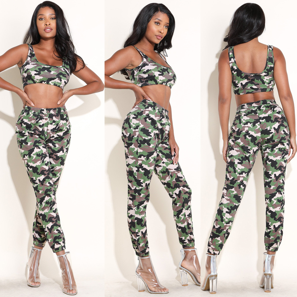 2061Wish亚马逊速卖通欧美性感女装露脐运动迷彩经典两件套