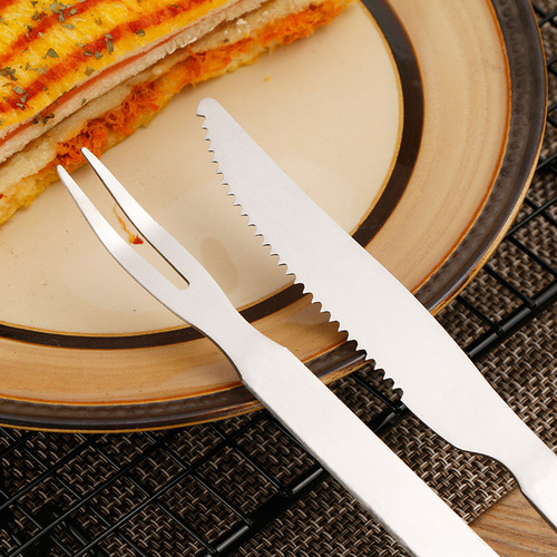Stainless steel barbecue knife and fork set flat handle round handle extended handle barbecue fork roast lamb leg knife and fork western food knife and fork wholesale