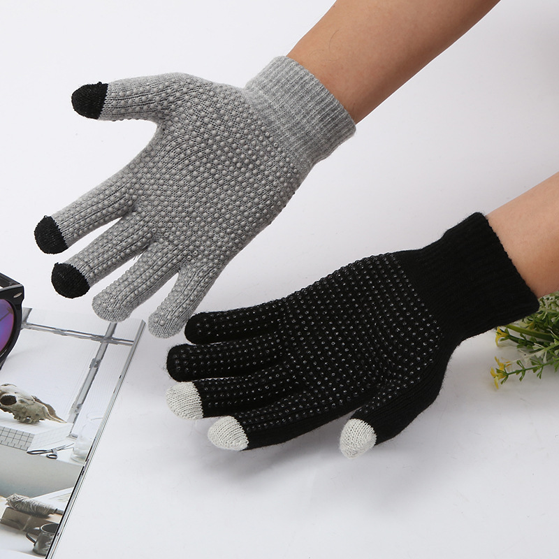 Shun Zun fabricante de tejer en stock invierno dedo pantalla táctil caliente magia pantalla táctil antideslizante partículas guantes de acrílico