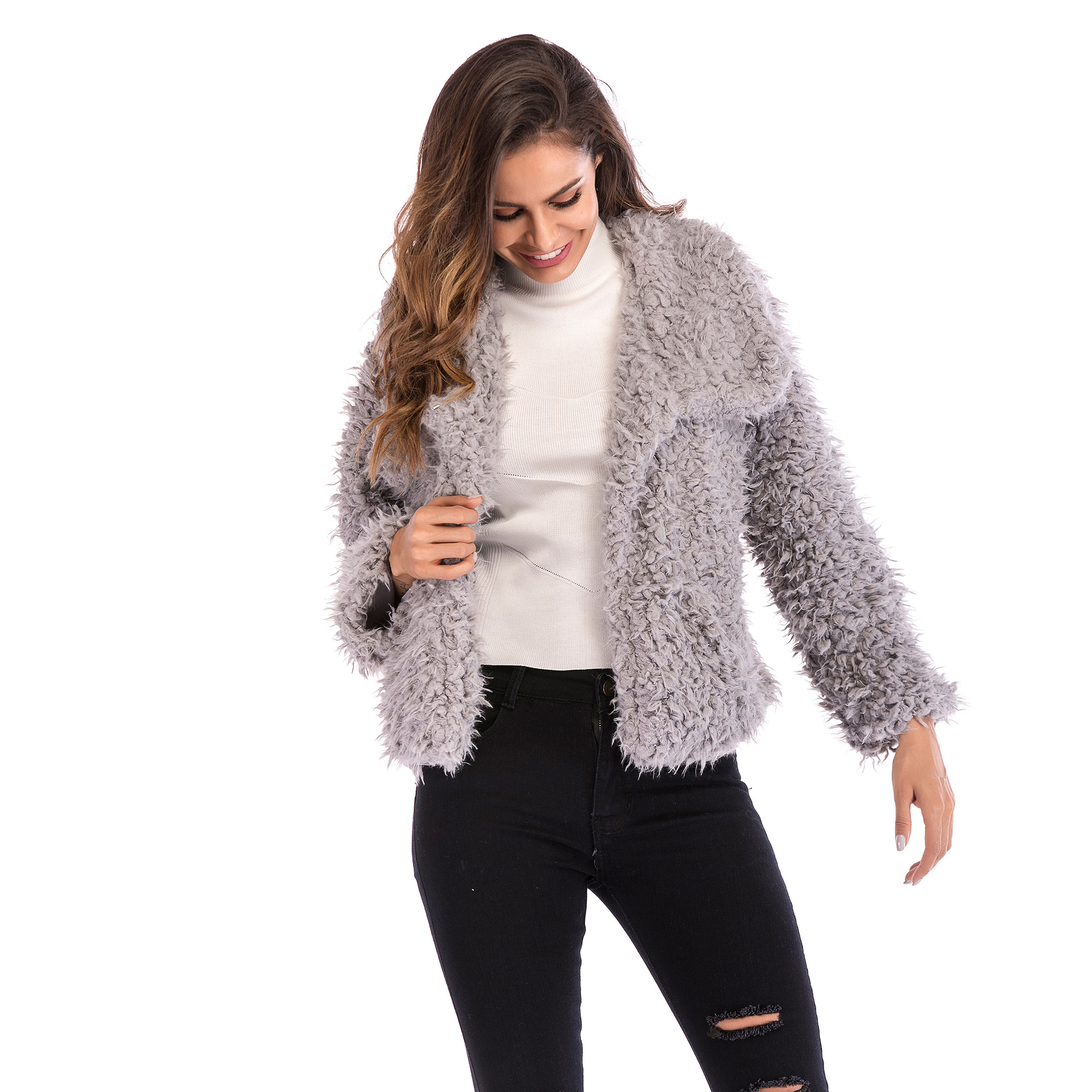 pure color lapel plush jacket nihaostyles clothing wholesale NSYYF88573