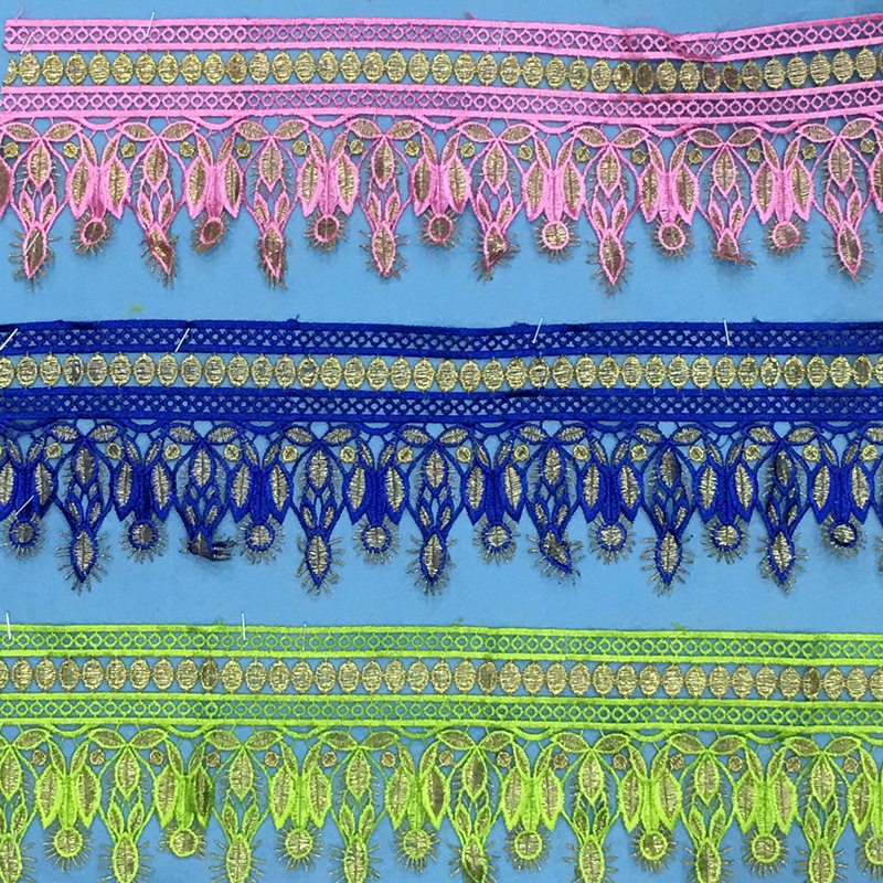 厂家直销 服装辅料 水溶花边 金银线双色彩色刺绣条码水溶花边