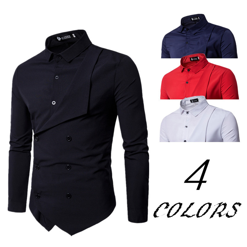Quick sell through wise men's wear men's personalized double breasted fake two long sleeve shirt men's Korean solid color shirt