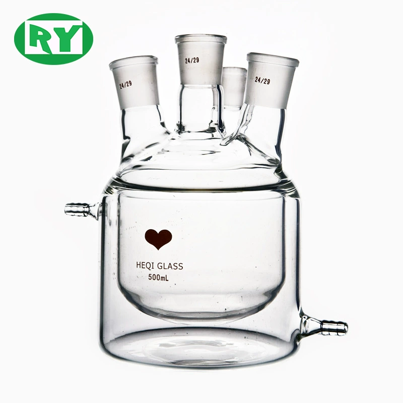 Шанхай Heqi Power Factory Высокое Боросиликатное 3,3 Четырехпортовая двухслойная реакционная бутылка Корпус Четырехпортового реакционного чайника Корпус Четырехпортовая бутылка