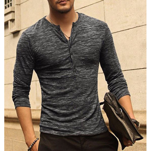 Autumn and winter new fashion open placket bamboo knot silk men’s base coat Long Sleeve slim fit T-shirt popular men