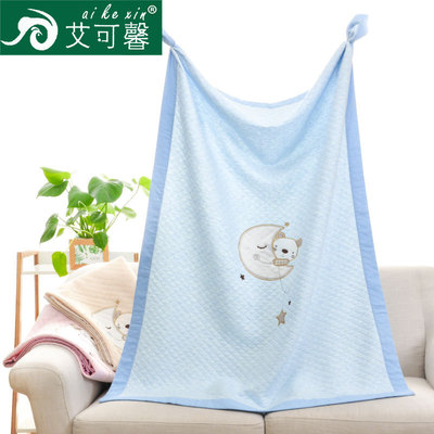 艾可馨亚麻宽包边涤棉空气层儿童毛毯 可爱卡通绣花绗缝婴儿毯子|ru