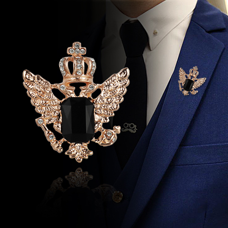 Diamond pin badge corsage European and American retro double-headed angel wings gem large crown brooch direct sales