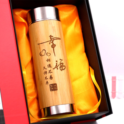 新款304不锈钢竹木保温杯木质双层真空杯子 创意竹福定制礼品水杯