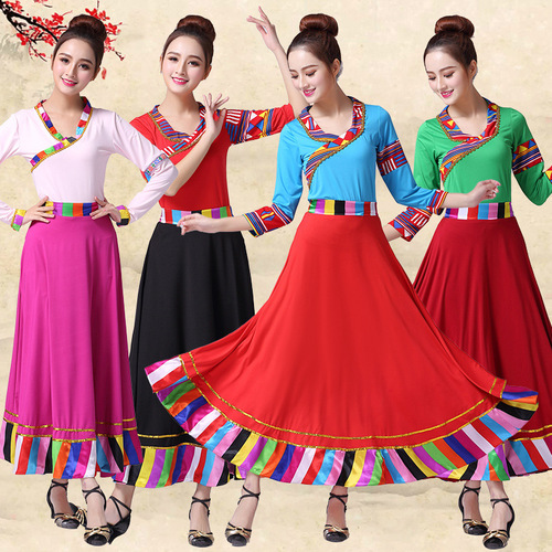 Chinese Folk Dance Dress Tibetan square dance dress long sleeve dance Mongolian dance long skirt set Tibetan dance big swing skirt