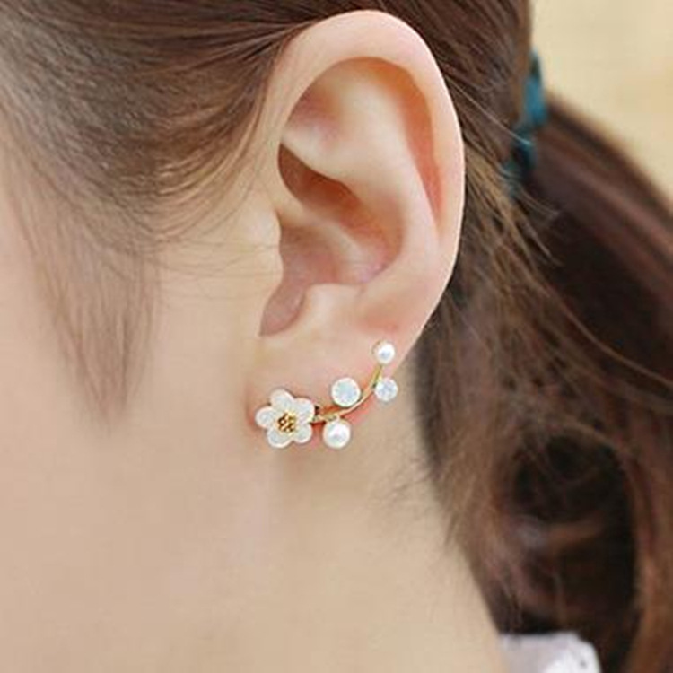 E114韩国新款贝壳花朵珍珠耳钉 简约树枝耳环 气质时尚OL耳饰女