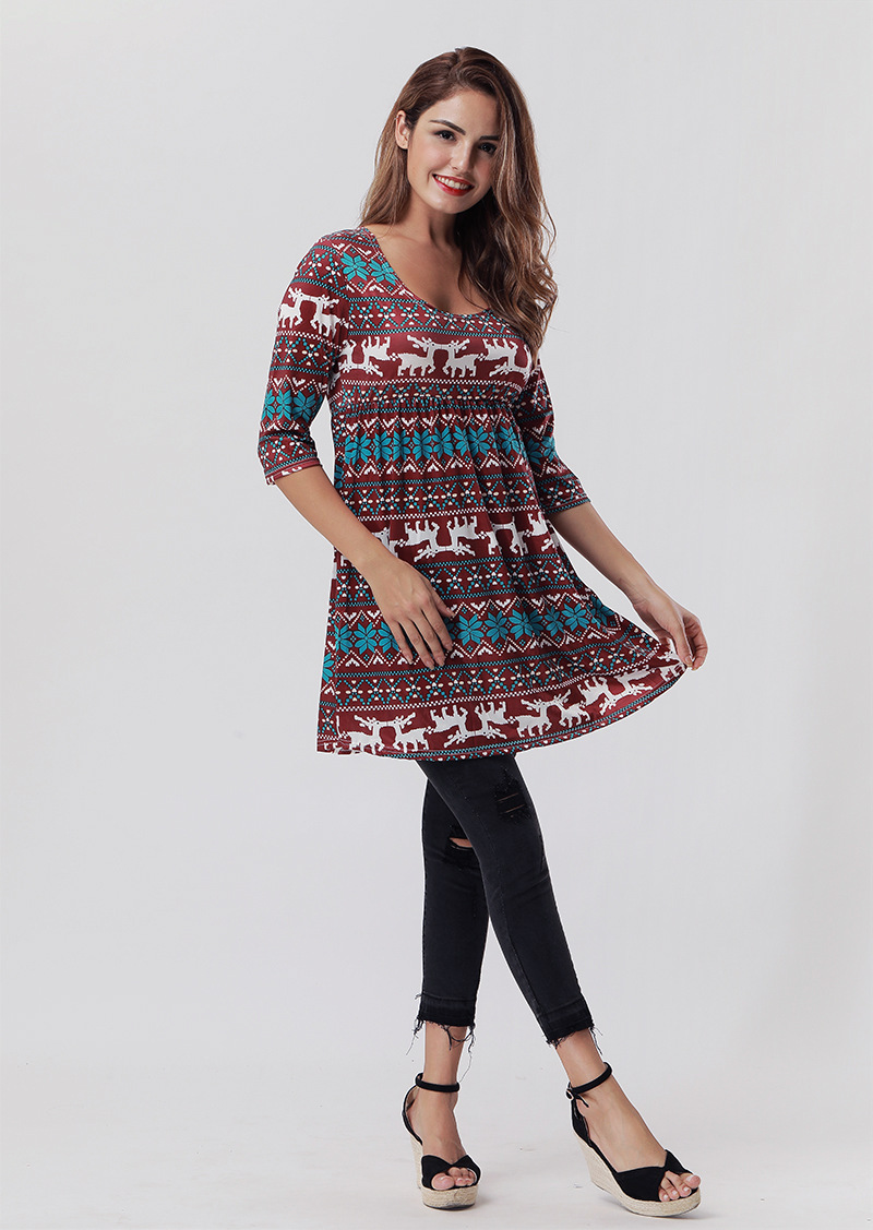 Christmas Reindeer Print Dress 3 4 Sleeve A Line Silhouette Comfortable Fabric Casual Holiday Wear Wholesale