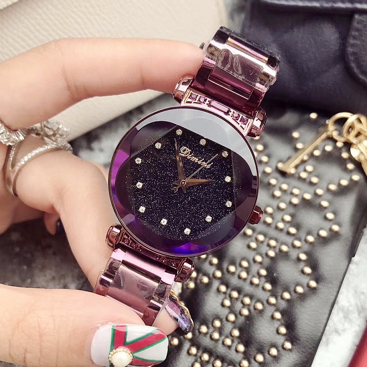蒂米妮紫色女款壳钻石刻度不锈钢表带星空底盘手表耐用女士手表