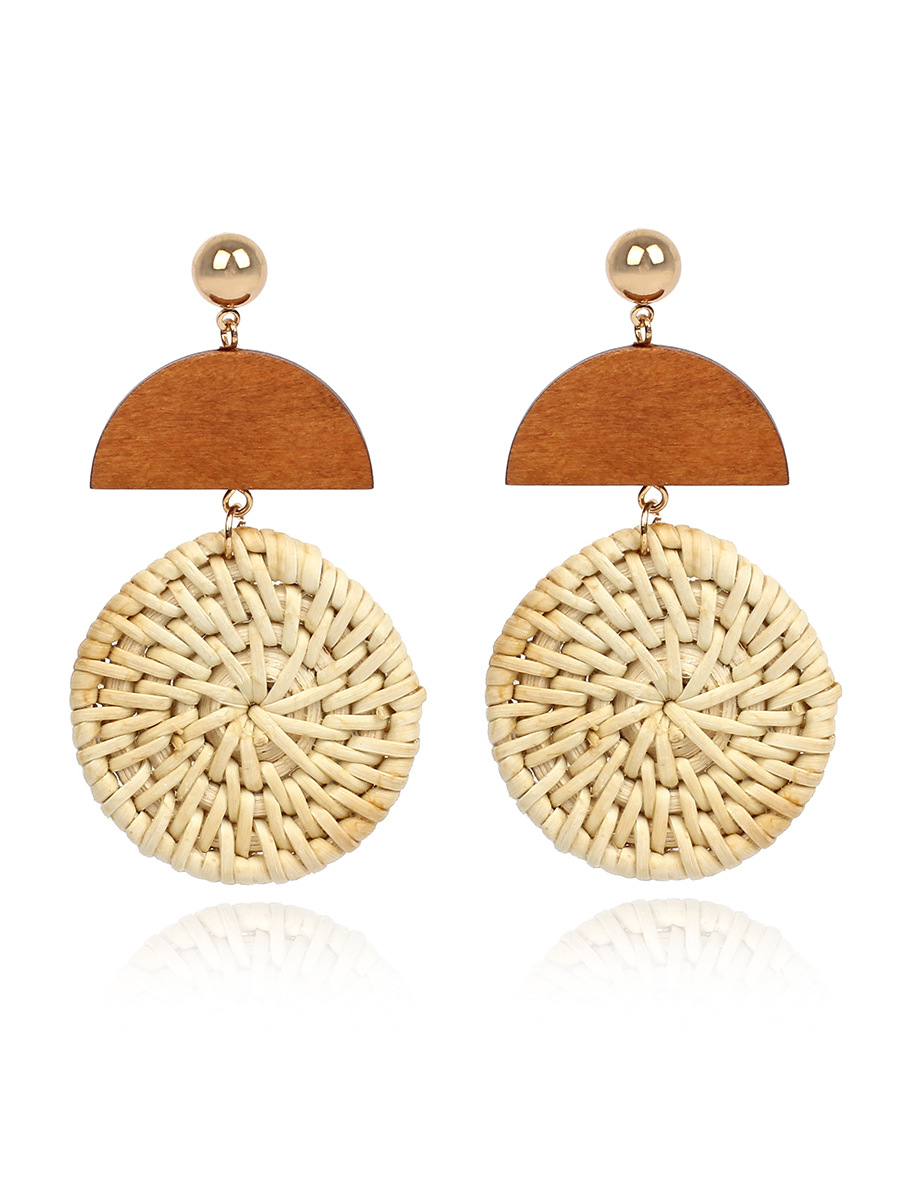 Nouvelles Boucles D&#39;oreilles Rétro En Bois Rond Tressé En Paille display picture 2