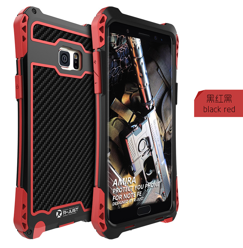 R-Just Amira Heavy Duty Dirtproof Shockproof Rainproof Aluminum Metal Bumper Carbon Fiber Back Cover Case for Samsung Galaxy Note FE / Note 7 N9300