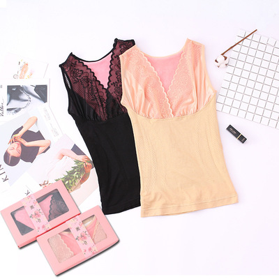 秋冬新品美人蕾丝保暖背心计时尚修身马甲加绒加厚保暖内衣|ms