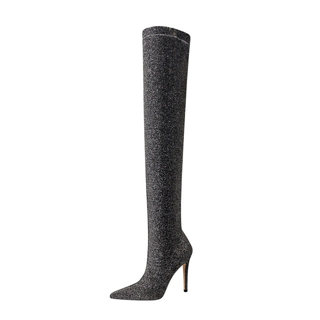 sequined stretch cloth sexy nightclub pointed high heel boots