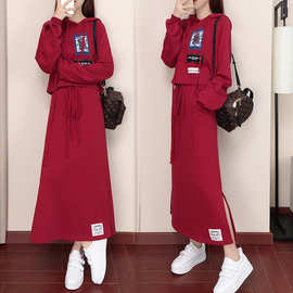 pphome红色超火卫衣女薄连帽套装裙2019新款秋季酷卫衣服女韩版潮