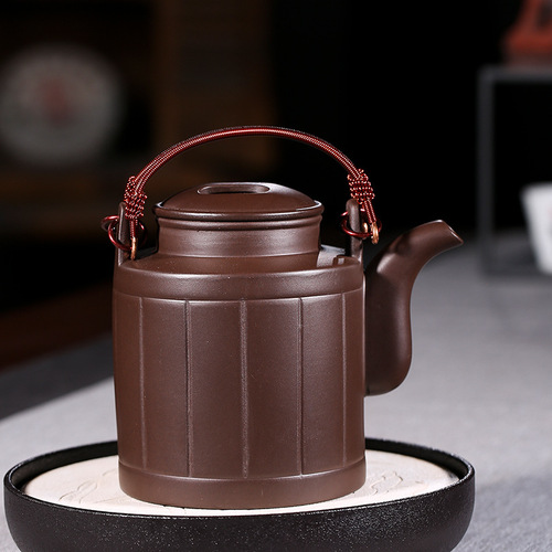 Purple clay pot manufacturer directly supplies Yixing raw ore purple clay barrel handle pot fully handmade teapot tea set one piece drop shipping