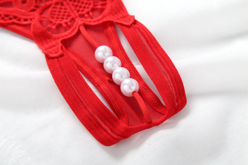 Pearl massage thong low waist embroidered hollow sexy underwear for women European and American hot crotchless t-pants
