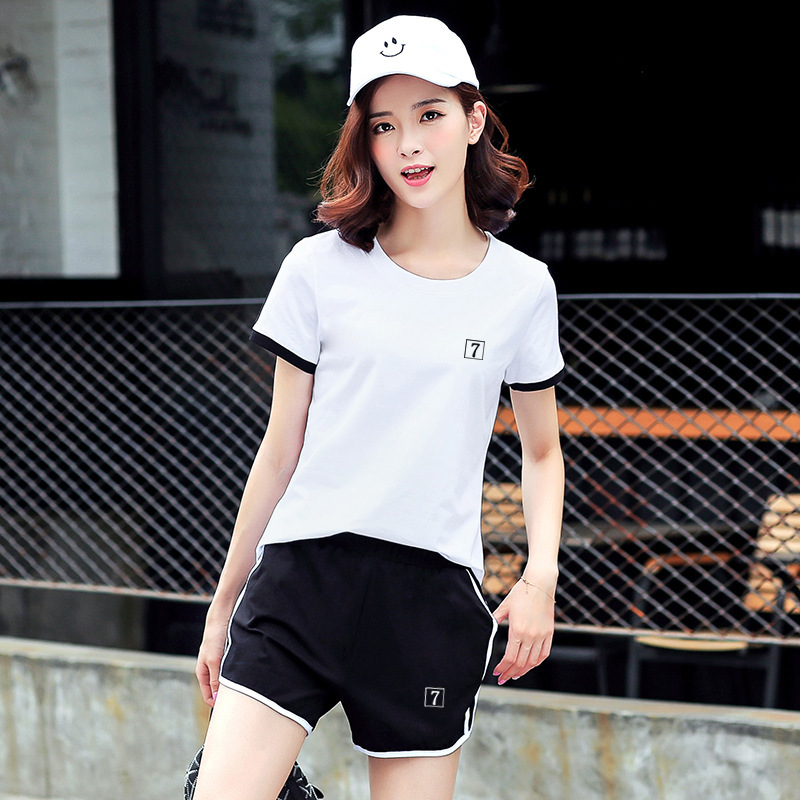 新款休闲运动套装女  白T恤短裤两件套纯棉品质女装一件代发
