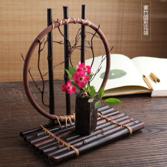 圓形紫竹花器 竹編花器 紫竹籬笆擺設 禪意茶桌擺件 復古裝飾道具