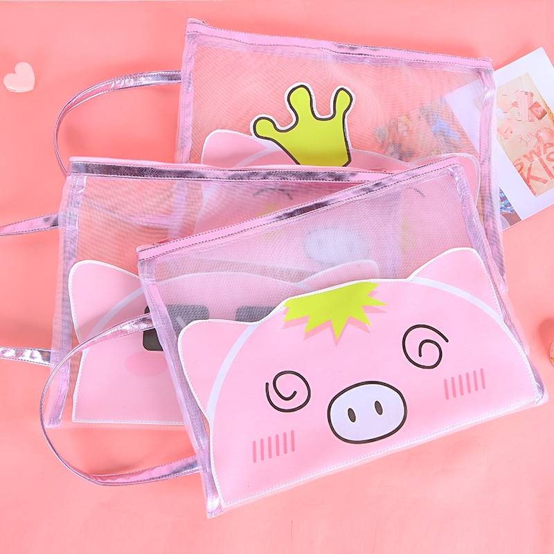 新款卡通可愛豬豬圖案文件袋 透明PVC網紗拉鏈學生試卷雜物收納袋