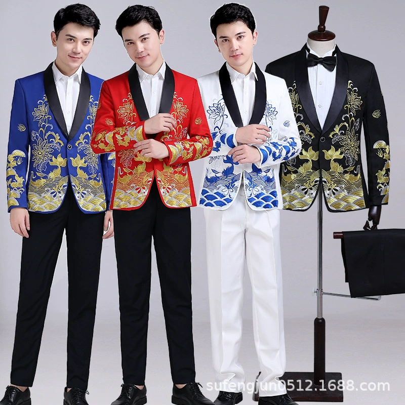 Новый Мужской приталенный костюм с китайской вышивкой, костюм ведущей для выступлений, костюм MC Groom