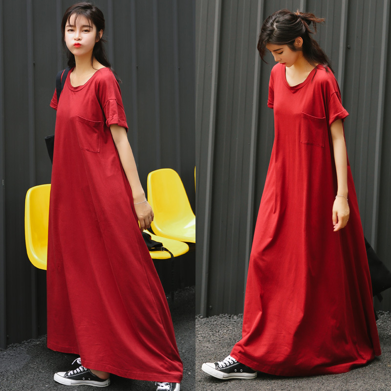 8063 2021 spring and summer new ultra long loose T-shirt skirt large size drag floor short-sleeved dress casual long skirt