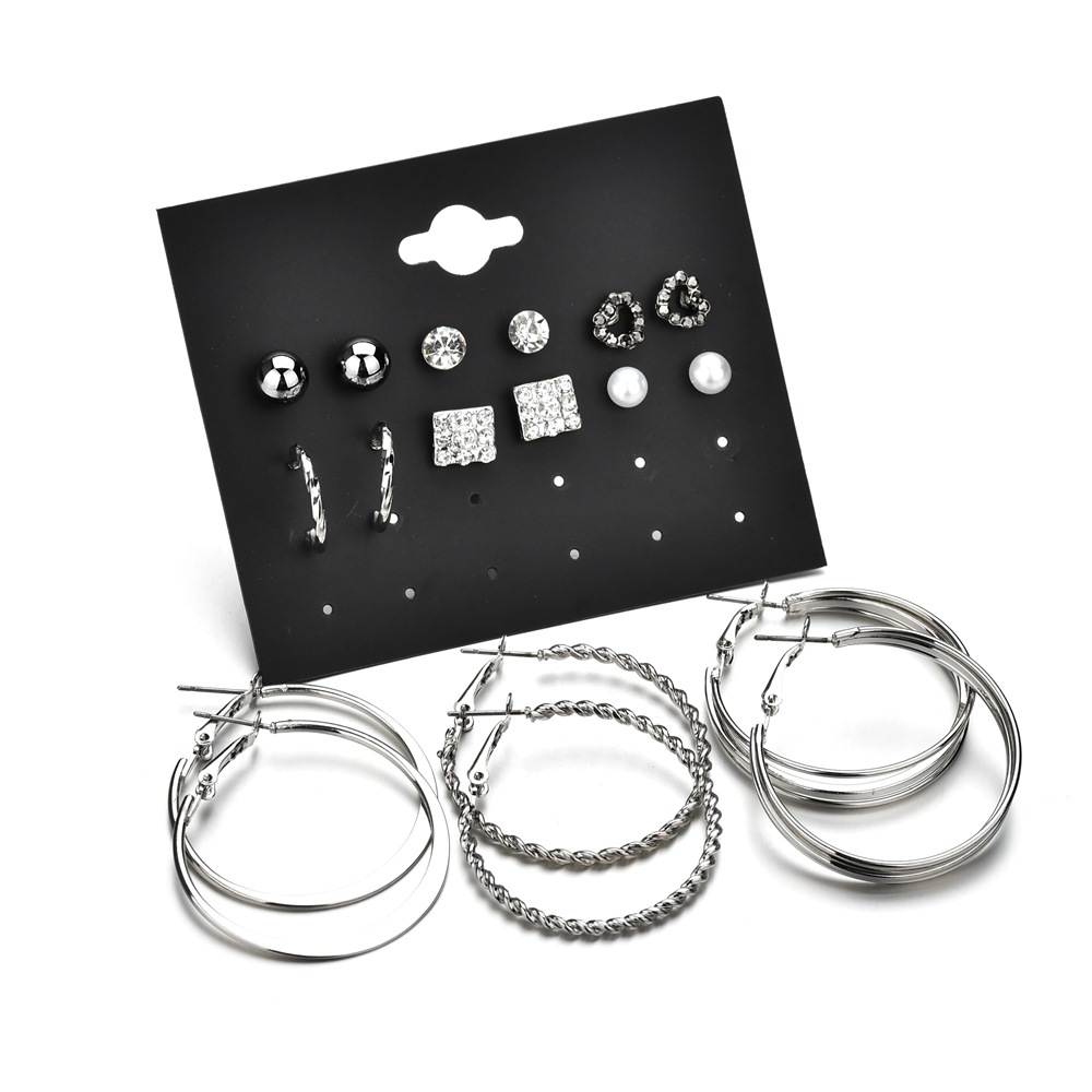 New Fashion Silver 9 Pairs / Set Of Earrings Circle Earrings Set For Women Wholesale display picture 3