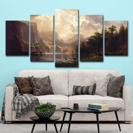 跨境wish 跨境5板帆布山湖鹿高清打印墙艺术家居装饰油画图片